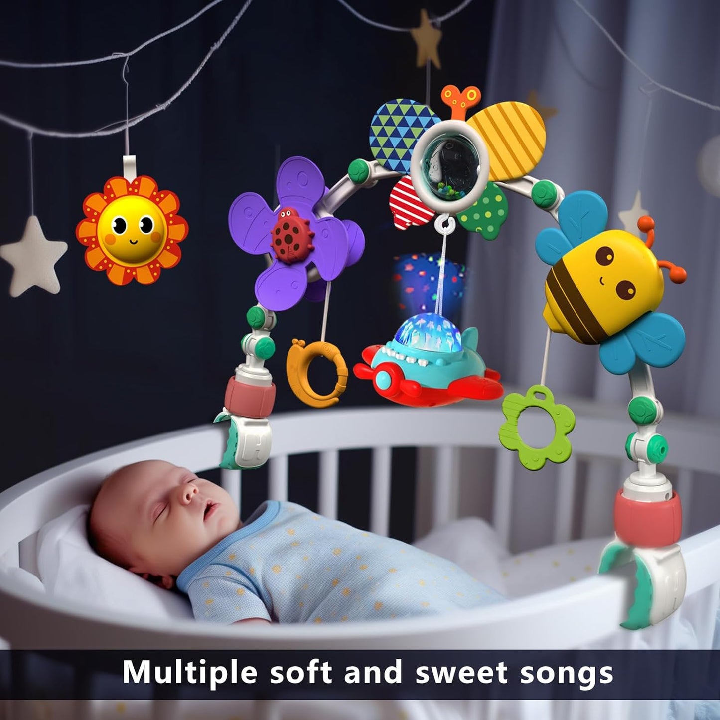 Musical Baby Stroller Arch, Travel Car Seat Toys, Baby Play Arch Crib Accessory, Mobile for Bassinet, Pram Activity Arch Bar for Babies Infants