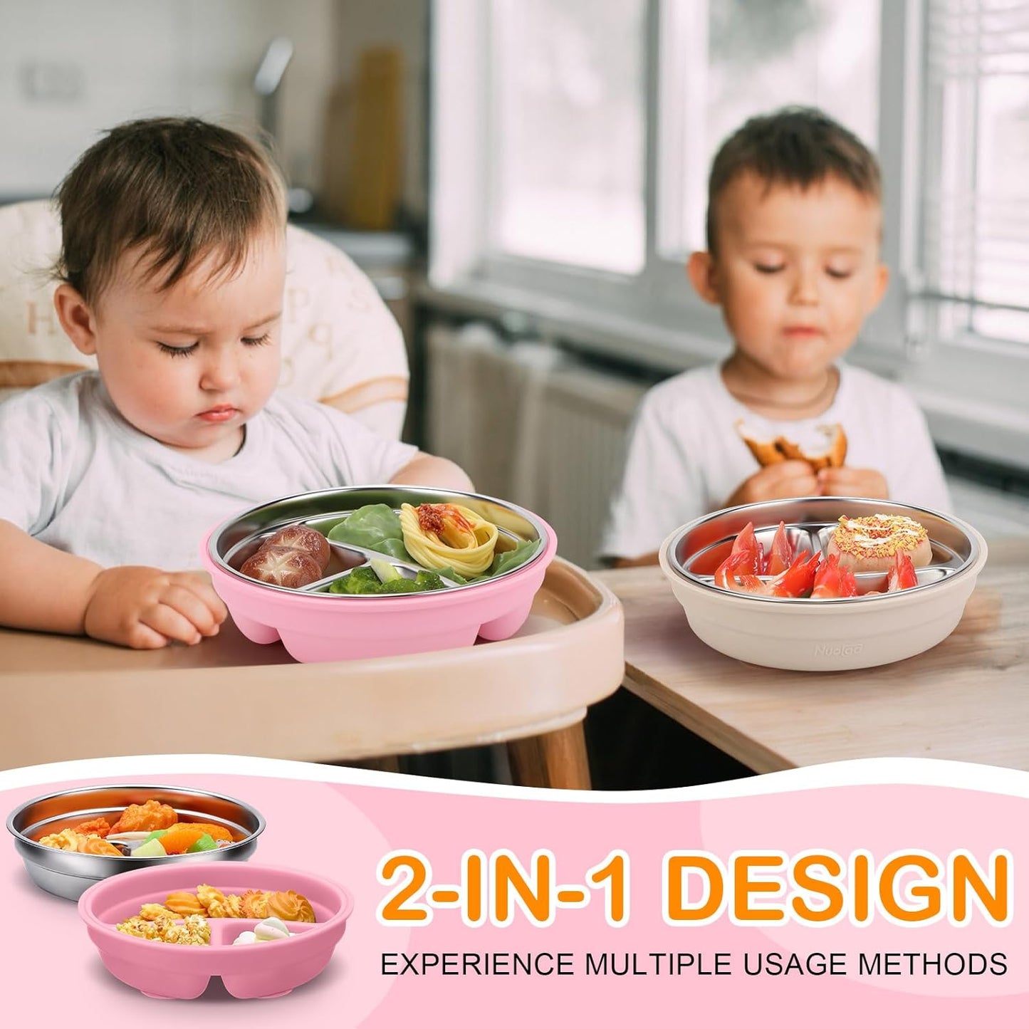 Nuogo 2 Pcs Stainless Steel Baby Suction Plates with Removable Silicone Shell 2-in-1 Metal Toddler Bowl Divided for Picky Eaters Kids Feeding Led Weaning Supplies, Dishwasher Safe (Beige,Pink)