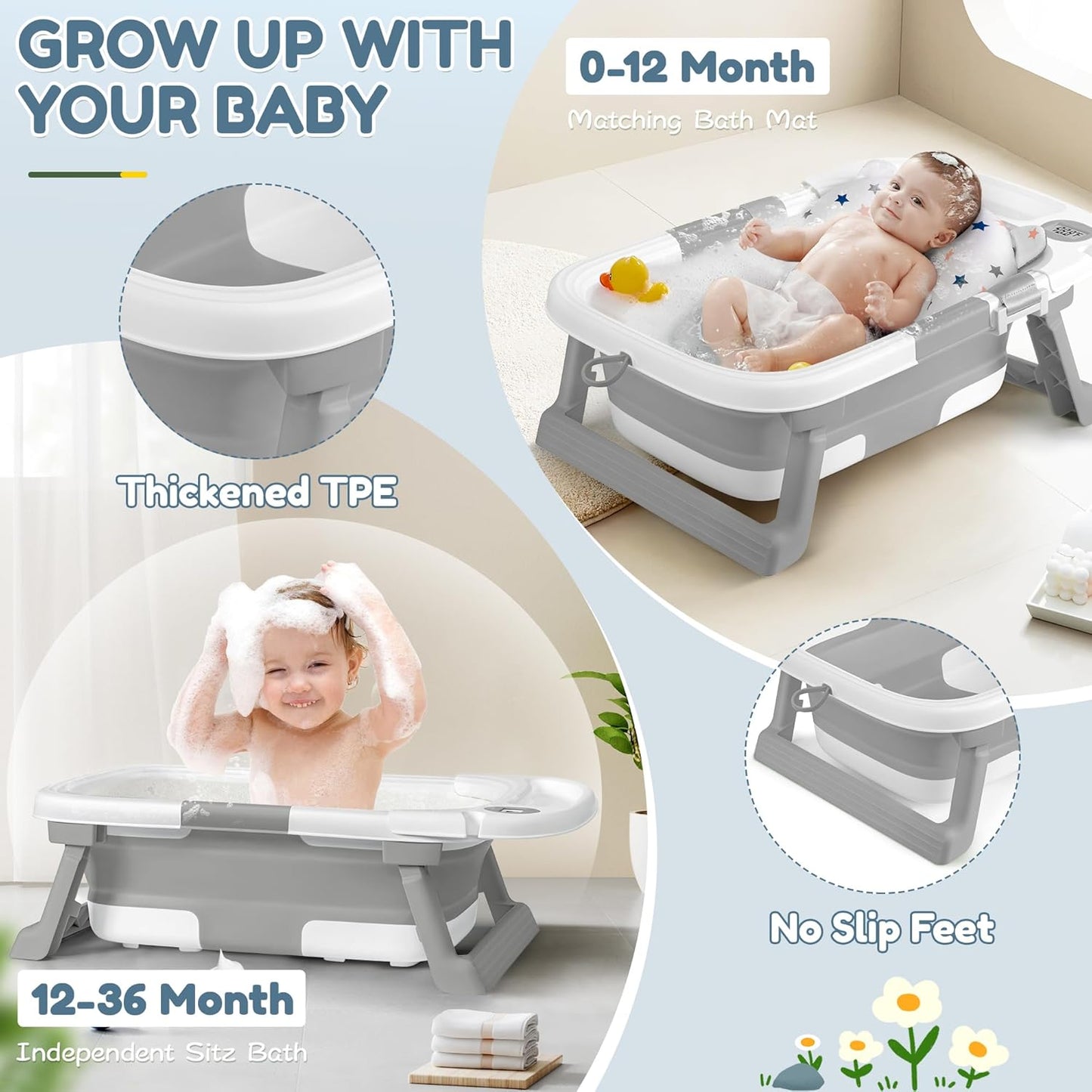Collapsible Baby Bathtub,Baby Bath Tub with Thermometer & Soft Cushion,Baby Bathtub for Newborn to Toddler 0-36 Months,Portable Travel Baby Tub with No-Slip Feet,Baby Shower Gifts,Grey
