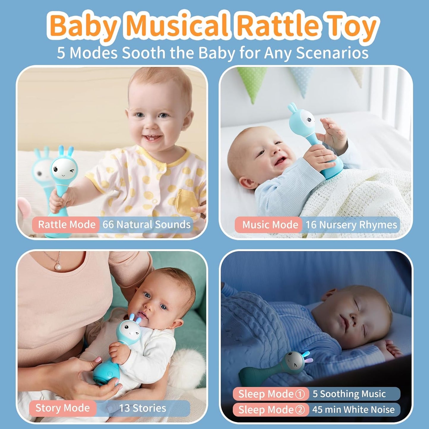 alilo Smarty Bunny Baby Rattle Musical Light Up Toys, Infants Newborns Baby Toys 0-3-6-12-18-24 Months,1 Year Old Boy Girl Gifts, 4 Music Modes and Color Recognition Function with 9 Color Card