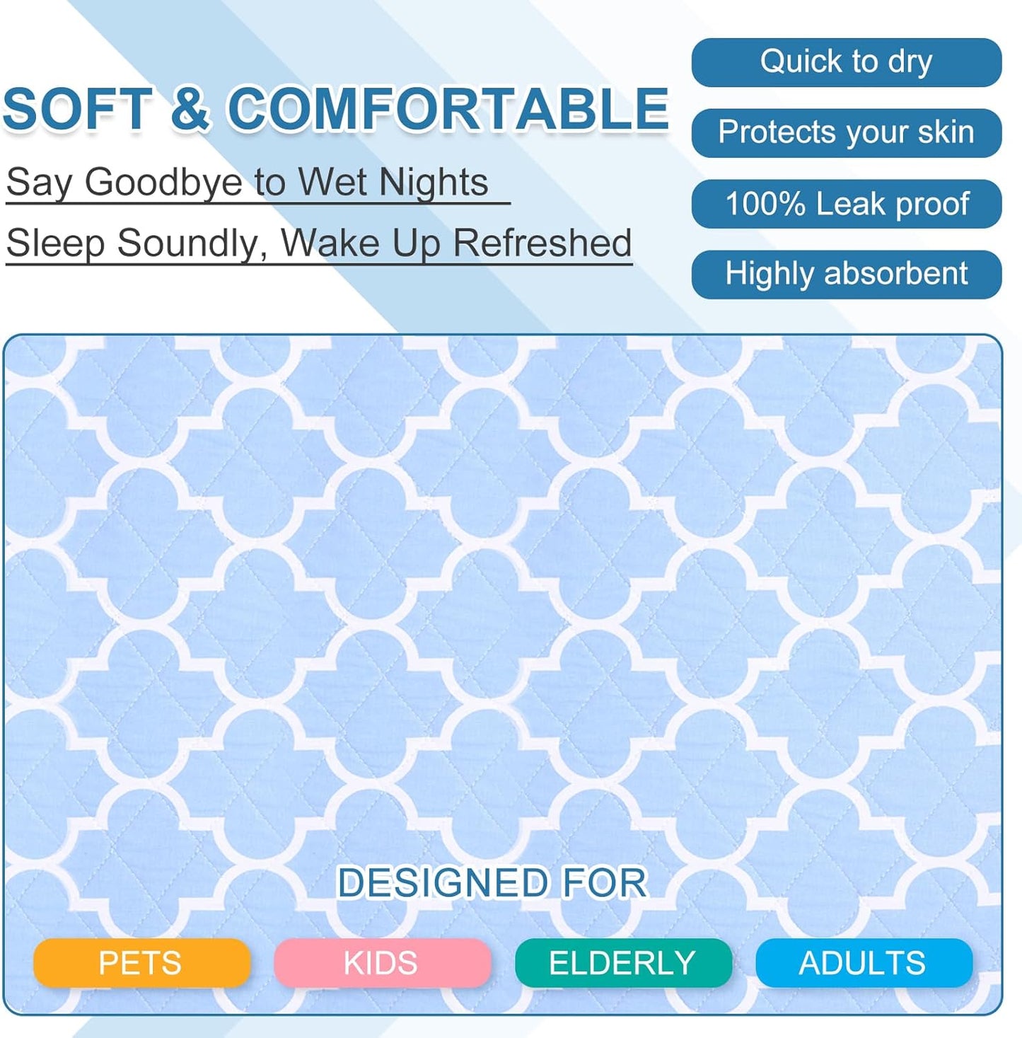 OUTCREATOR® Washable Bed Pads 34" x 56" (Pack of 2), Incontinence Mattress Protector, Anti-Slip Waterproof Underpads for Adults Kids Elderly Pets, Absorbency & Reusable Bedwetting Pads (Blue)