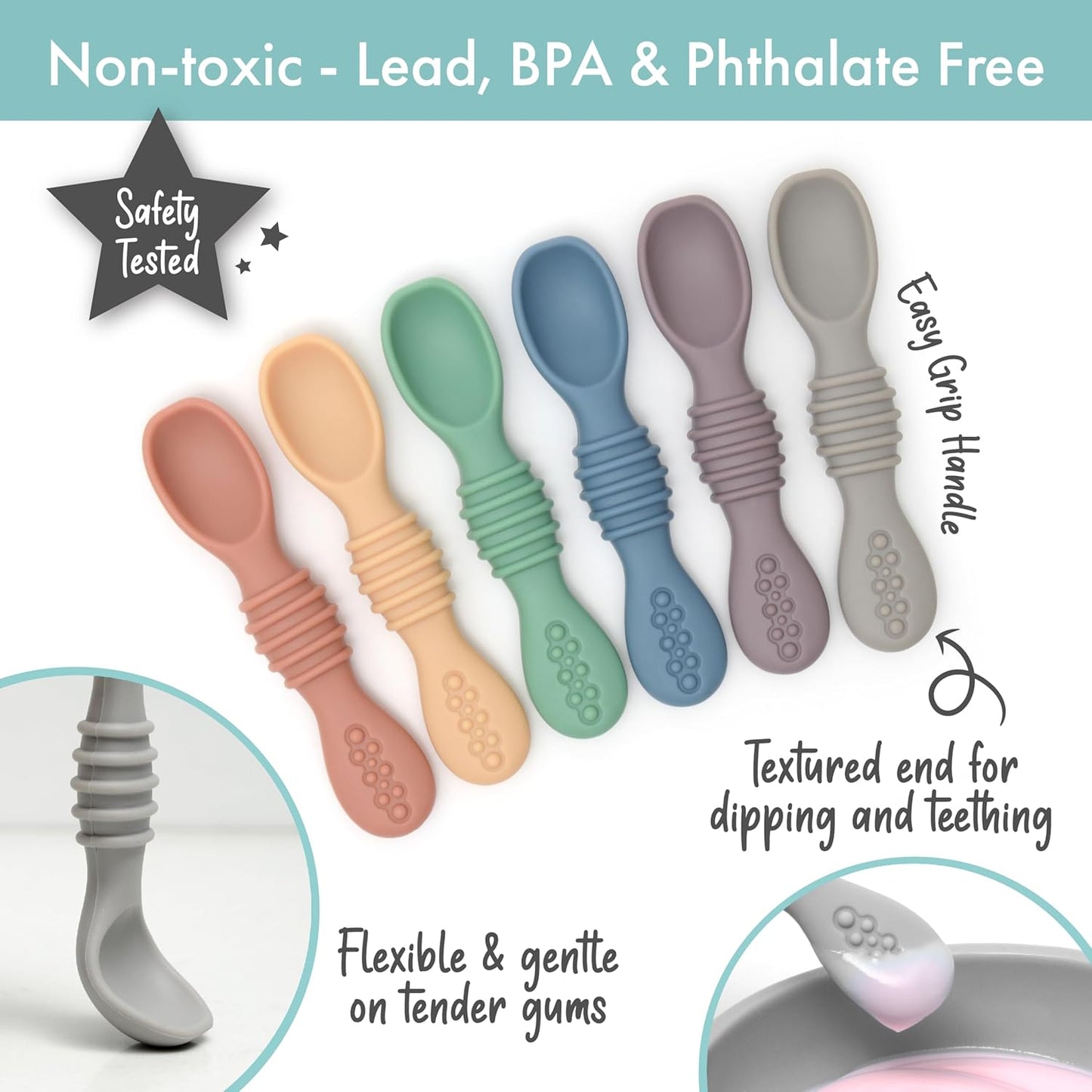 PrimaStella Silicone Chew Spoon Set for Babies and Toddlers - Safety Tested - BPA Free - Microwave, Dishwasher and Freezer Safe - Earth Shades