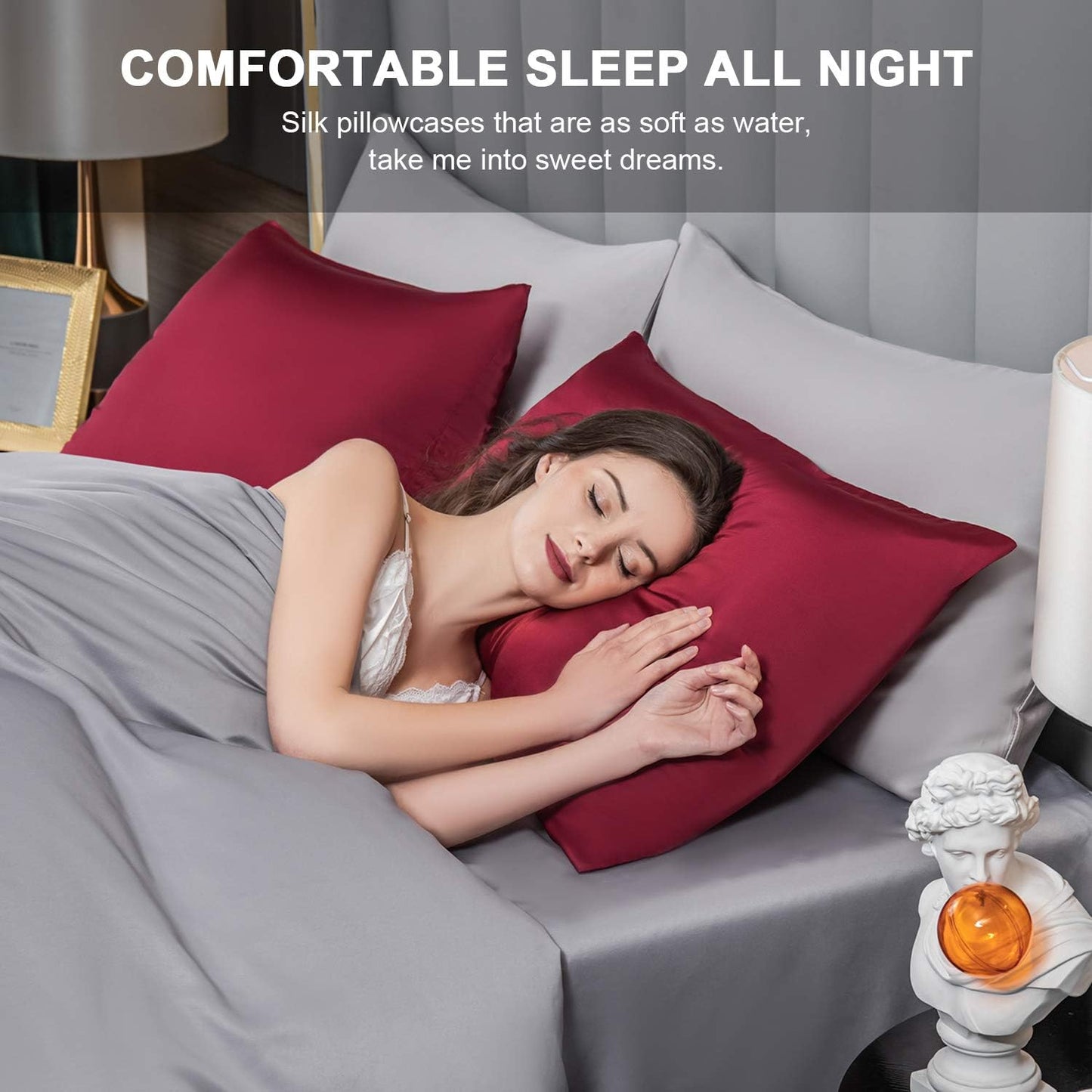 Mulberry Silk Pillowcase for Hair and Skin,King Size Cooling Silk Pillow Case with Hidden Zipper,Allergen Proof Dual Sides Soft Breathable Smooth Silk Pillow Cover for Women(King,Dark Red)