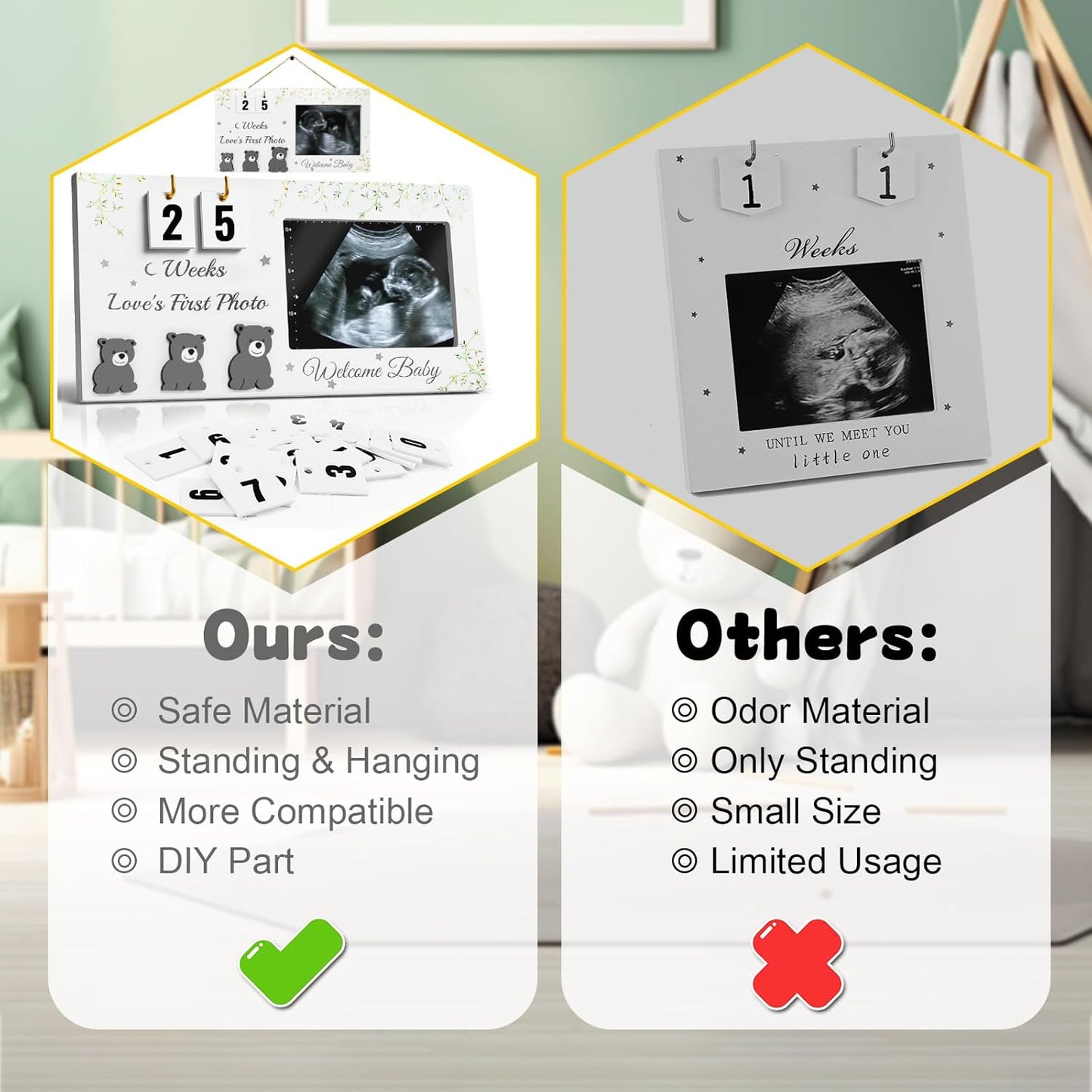 Ultrasound Picture Frames with Countdown Weeks, Baby Sonogram Picture Frame with Plant Prints for Standard 4" x 3" Love's First Ultrasound Photo, Pregnancy Announcement, Gender Reveal Baby-Shower Gift