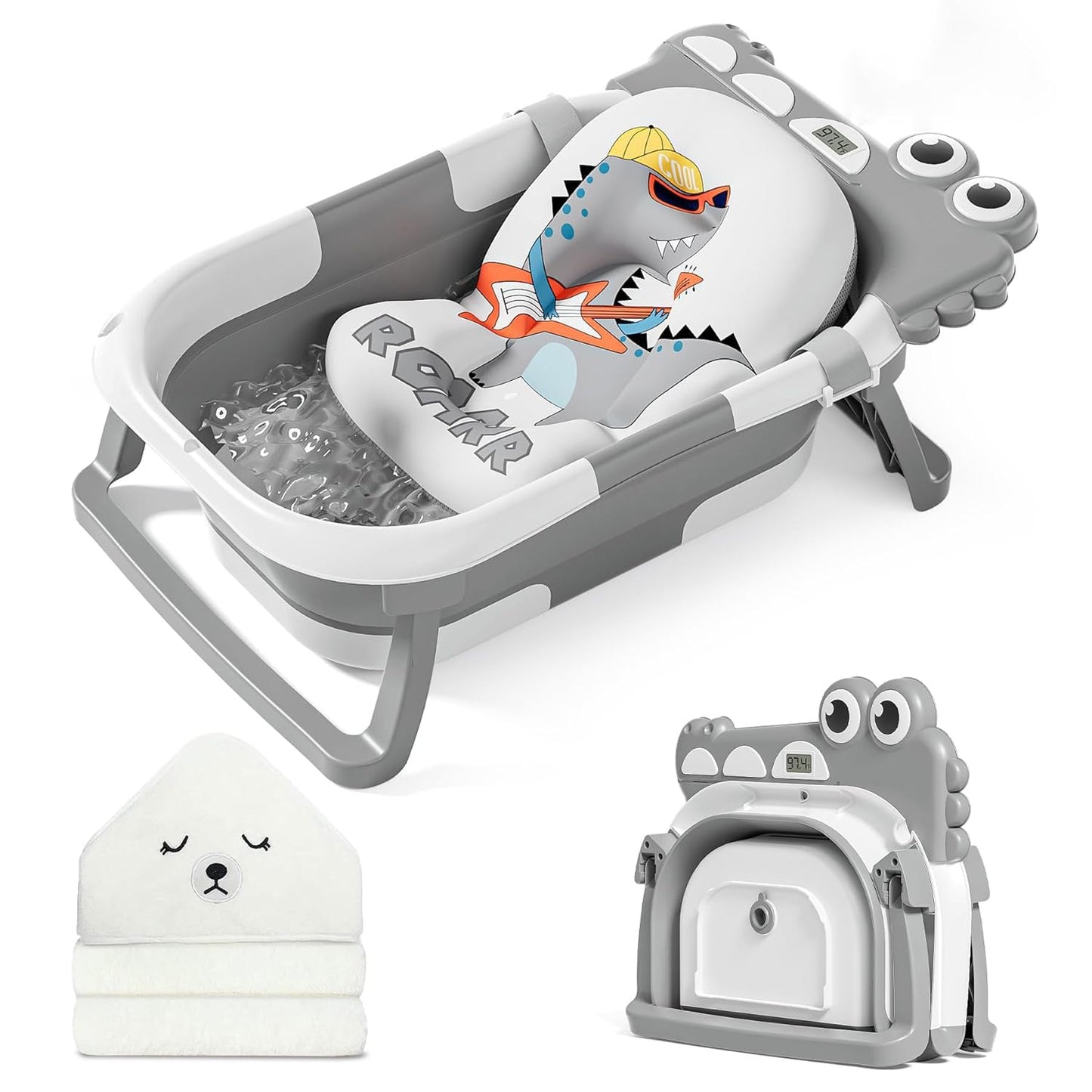 MoreFeel Collapsible Baby Bathtub for Newborn with Thermometer & 1 Hooded Towel & 1 Soft Floating Cushion,Portable Travel Bathtub with Drain Hole, Durable Foldable Baby Tubs for Infants to Toddler