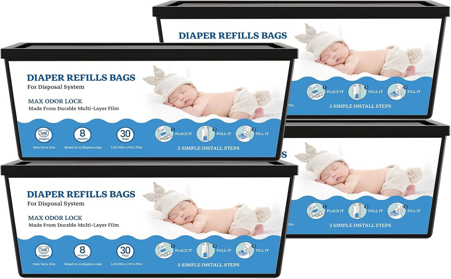 Diaper Refill Bags Compatible with Genie Easy Roll & Platinum Diaper Pails, 7-Layer Odor Control, Extra Thick, 4-pack (120 Bags), Holds up to 5600 Newborn Diapers