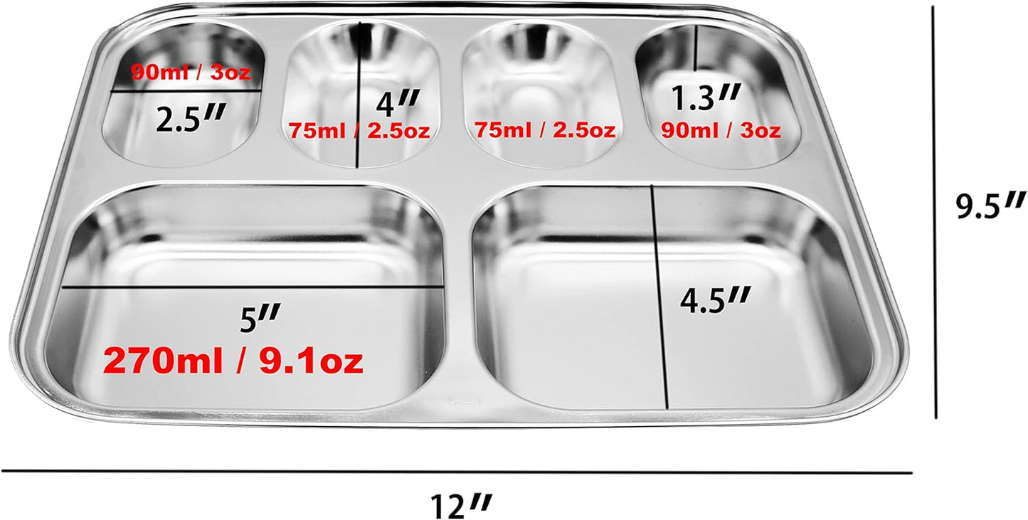 Korean Stainless Steel Divided Plates, Food Grade 304 Tray for Kids, Teens, Adults, Picky Eaters, BPA Free, 6 Sections, Diet Portion Control, Serving Platter, Dinner Snack, Set of 2