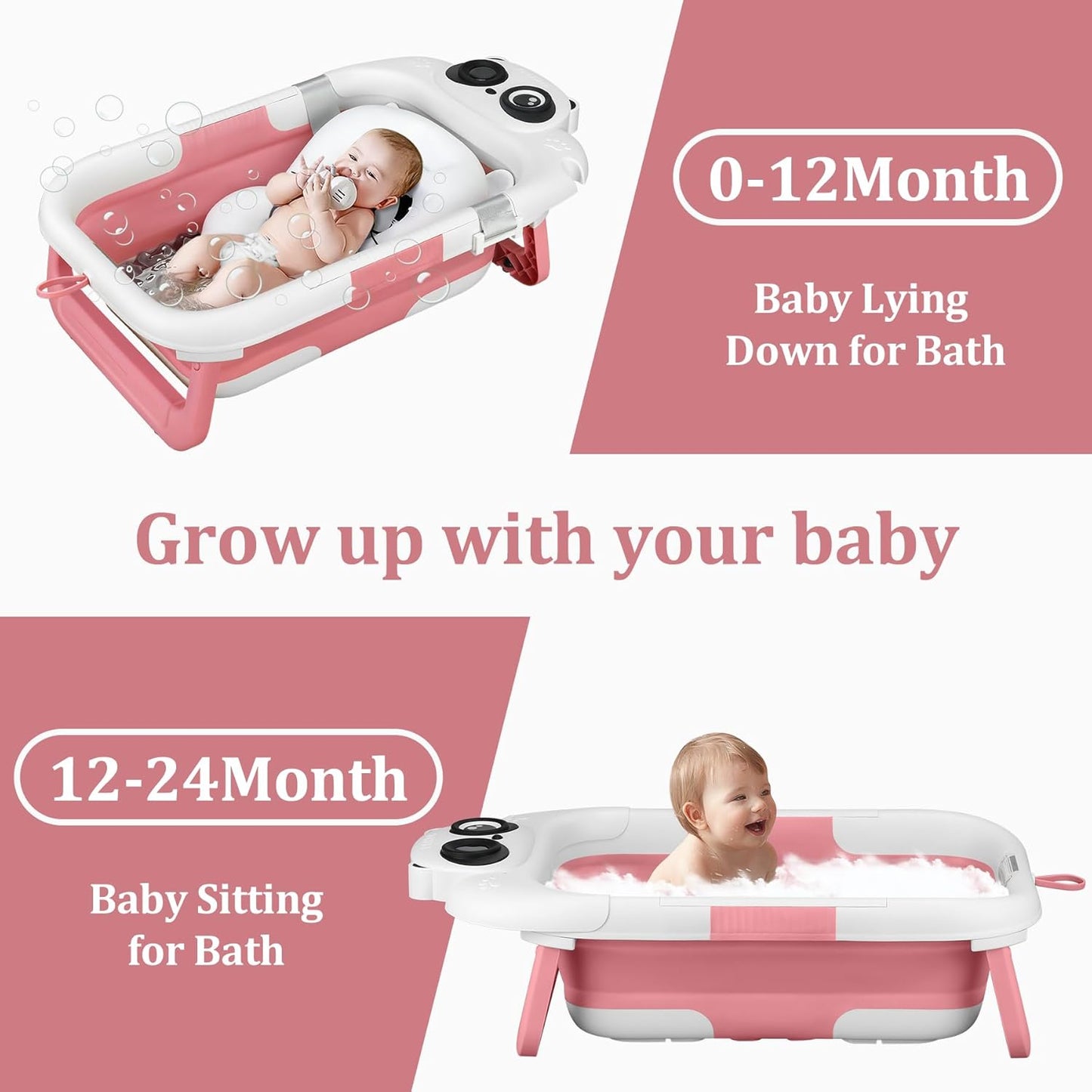 Foldable Baby Bathtub, Lightweight Bathtub for Infants to Toddlers with Soft Cushion & Thermometer, Portable Baby Tub Newborn to Toddler 0-36 Months(Pink)