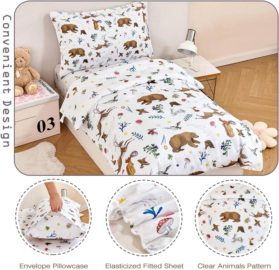 PERFEMET 4-Piece Toddler Bedding Set-Reversible Woodland Animal Toddler Bed Sets for Boys Girls-Soft Lightweight Cartoon Bear Deer Print Toddler Bed Comforter with Sheets for All Season