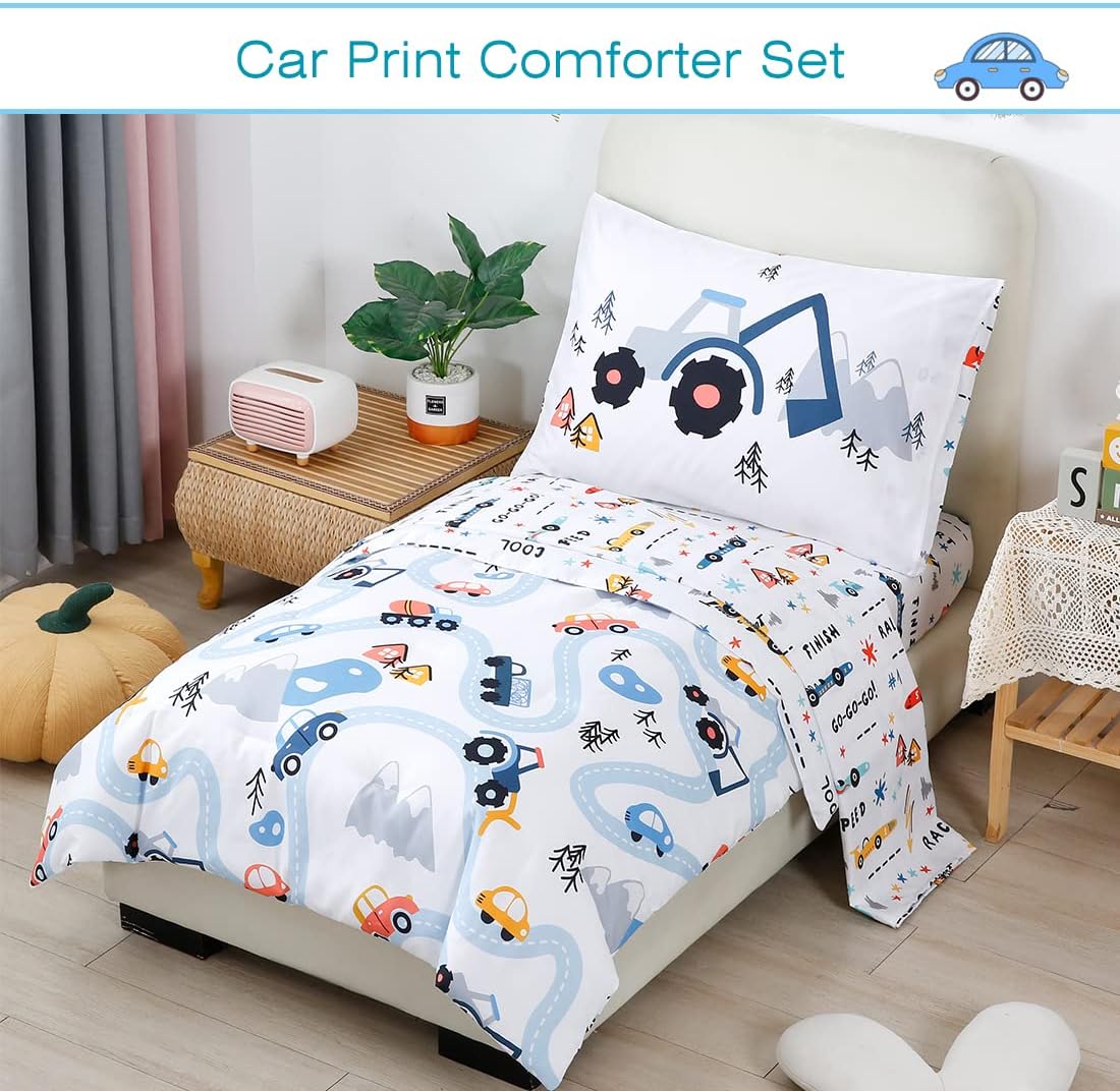 PERFEMET 5-Piece Kids Comforter Full Size Set Reversible Trucks Cars Bedding Comforter Set for Boys Girls Ultra Soft Lightweight Blue White Boy Bed in a Bag for All Season(Cars, Full)