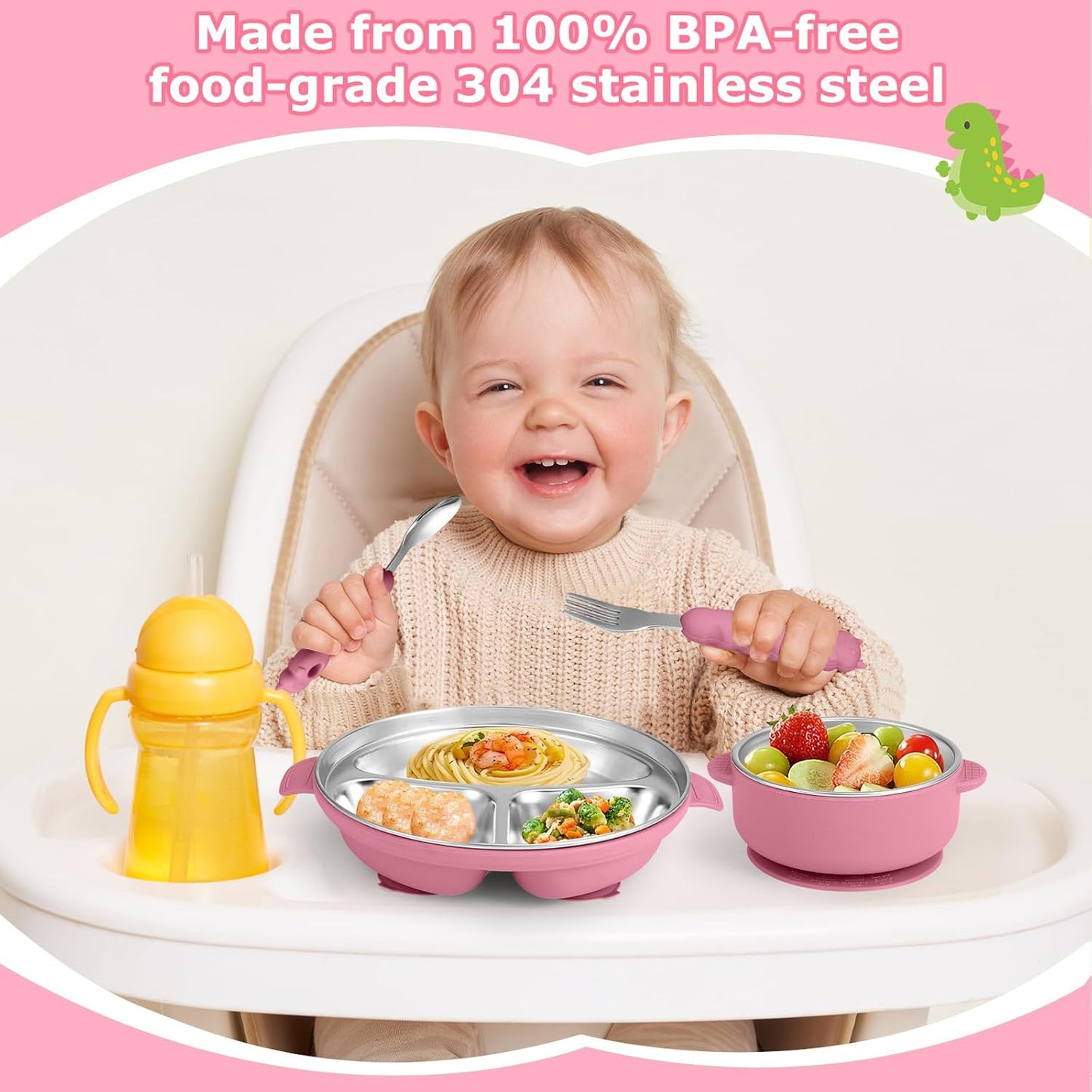 Stainless Steel Baby Plate and Bowl with Suction, Baby Bowl and Divided Kids Toddler Plate with Removable Silicone Shell, Non-Slip Toddler Baby Feeding Set, Forks + Spoons Included-Rose red