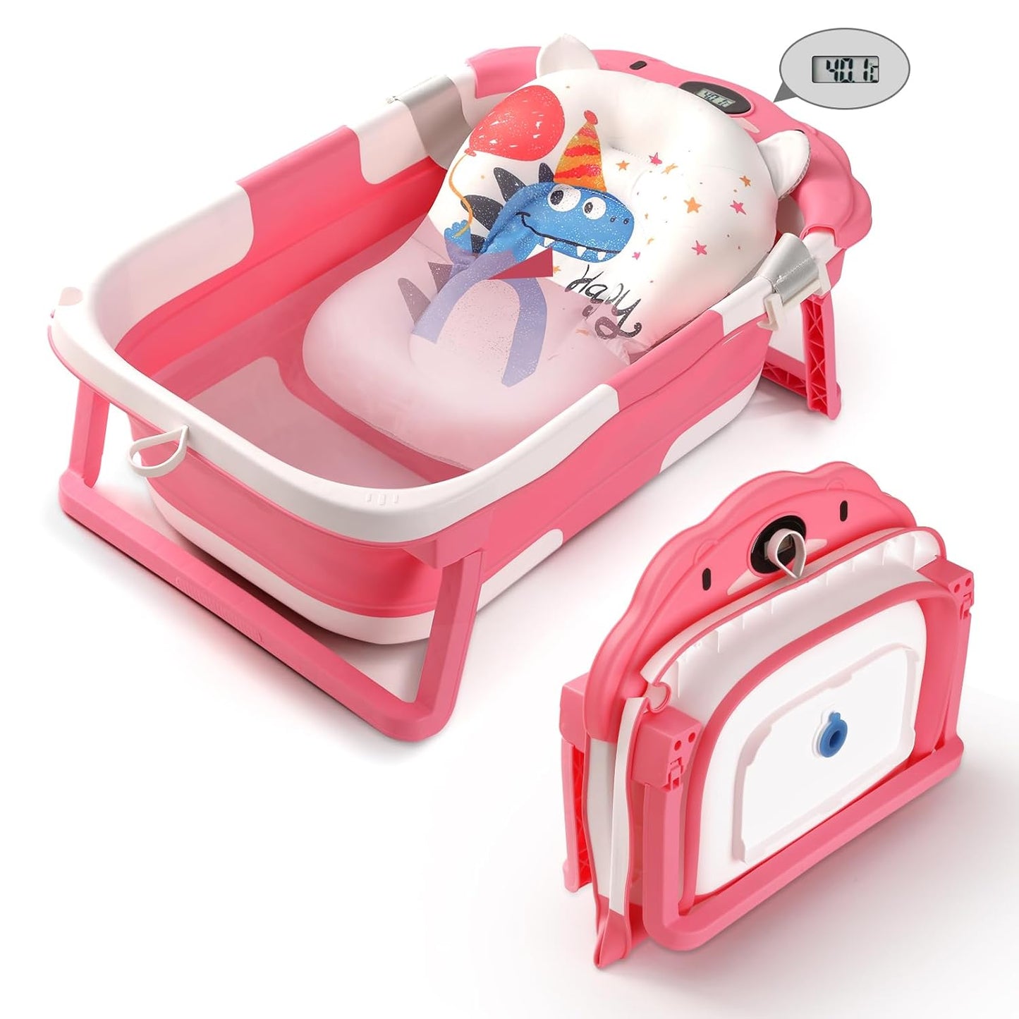 Baby Bathtub,Collapsible Baby Bath Tub with Thermometer & Soft Floating Cushion,Portable Travel Baby Bathtubs for Newborns to Toddlers 0-36 Months(Bear Pink)