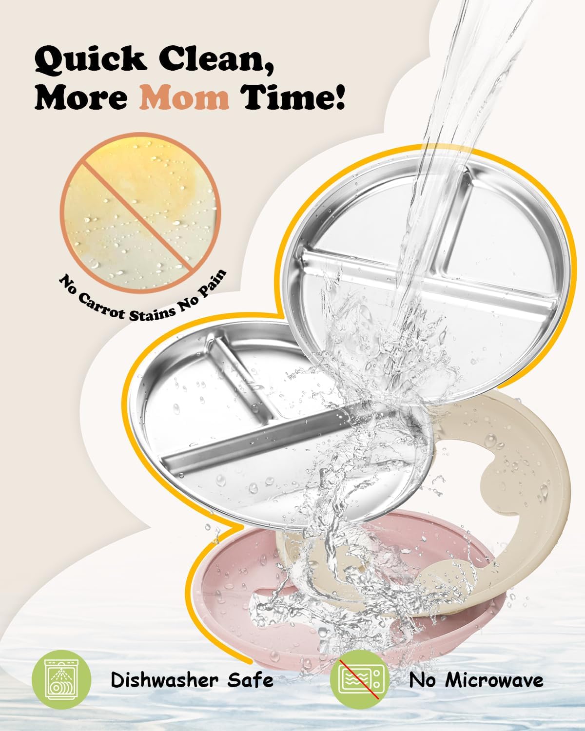 Stainless Steel Toddler Suction Plate with Lid, Deeper 9" Divided Plates with Removable Silicone Sleeves for Kids, Non Toxic & BPA Free | Unbreakable Baby Snack Dishes Set of 2,Pink & Beige