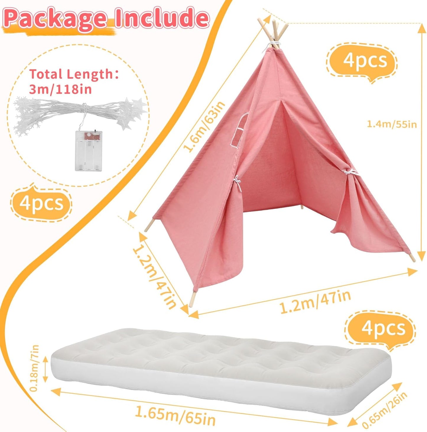 4 Pack Teepee Tent for Kids with Light String and Inflatable Airbed, Slumber Party Tents, Sleepover Tents Party for Girls Boys Indoor Outdoor (Pink)