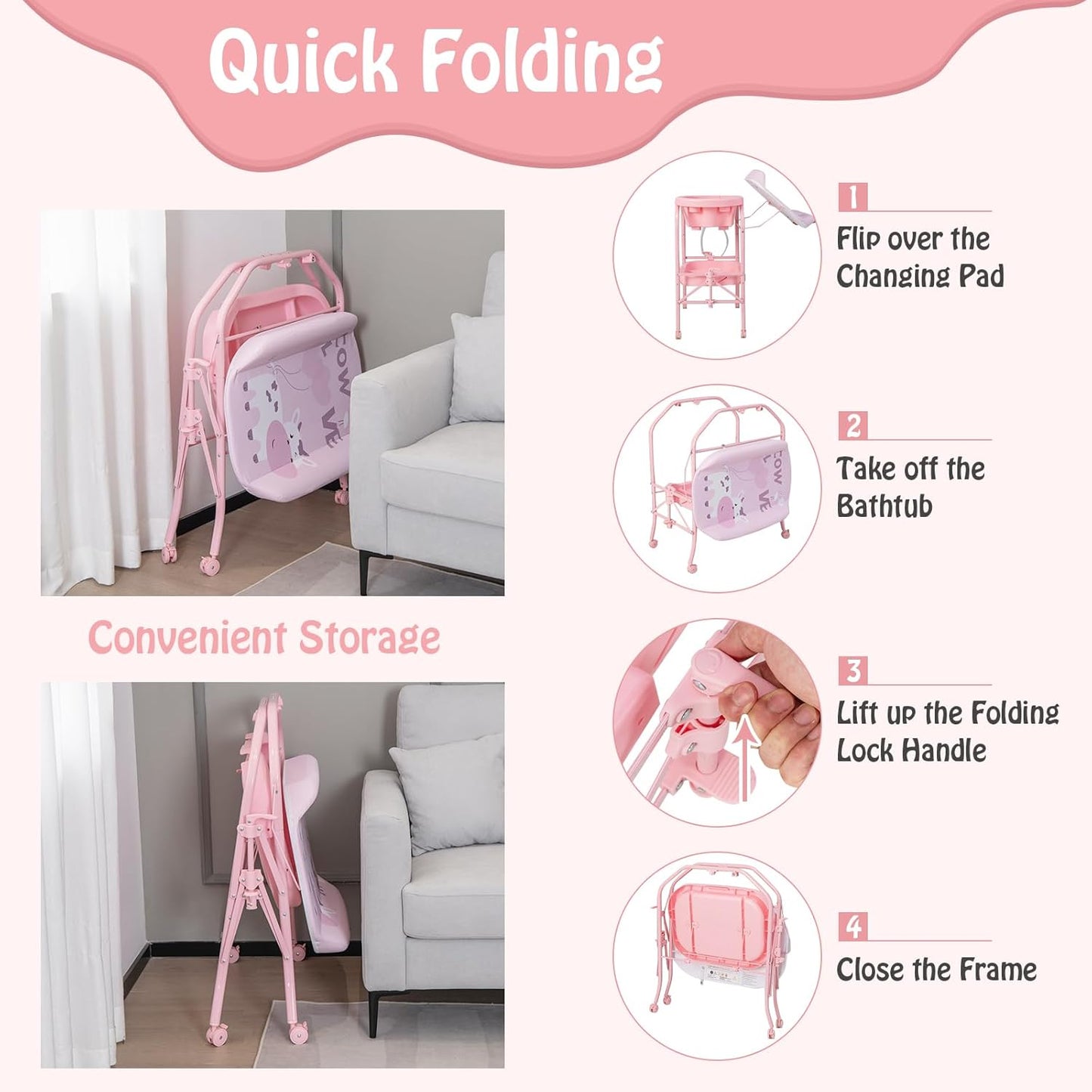 BABY JOY Baby Bathtub with Changing Table, Foldable Infant Diaper Changing Station with Storage Tray, Waterproof Pad, Portable Newborn Nursery Organizer Bath Stand with 4 Universal Wheels (Pink)