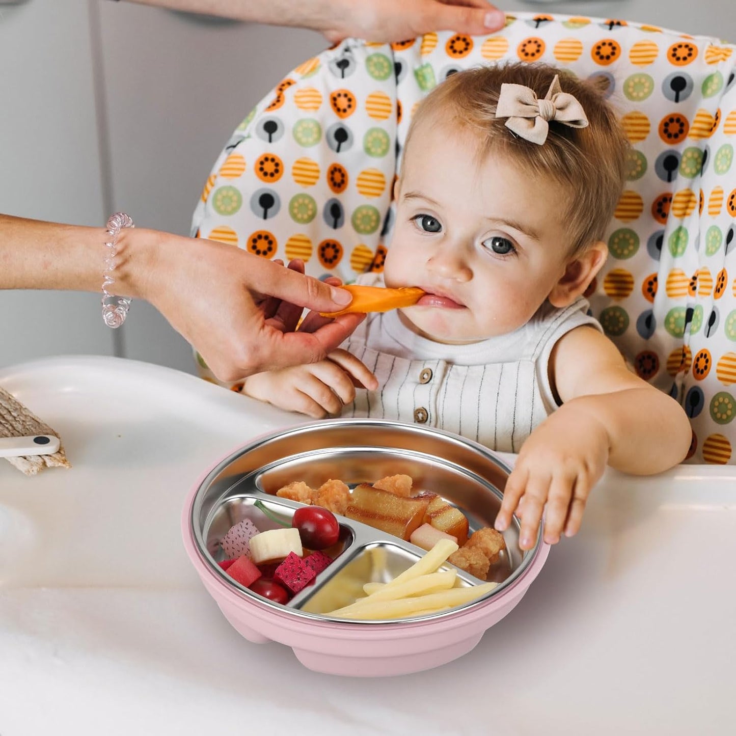 Nuogo 1 Pcs Stainless Steel Baby Suction Plates with Removable Silicone Shell 2-in-1 Metal Toddler Bowl Divided for Picky Eaters Kids Feeding Led Weaning Supplies, Dishwasher Safe (Dark Pink)