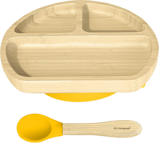 Abiie Octopod Bamboo Dish - Kids Plates for 4 months and up, 3-Compartment Baby Plates with Suction, Triangle Bamboo Baby Plate, Mess-Free Toddler Suction Plates, Baby Feeding Supplies, 8.3x1.9x7.7 in