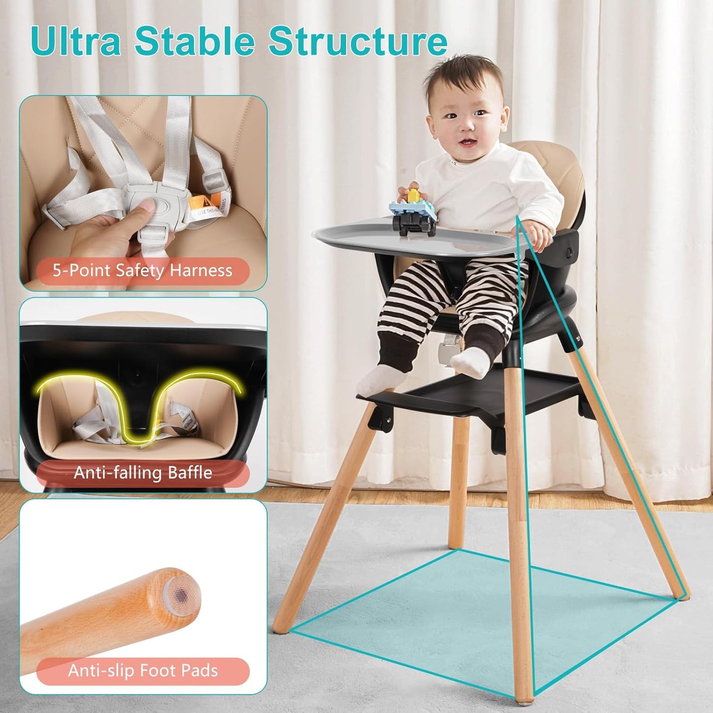 Baby High Chair, 6 in 1 Wooden Convertible High Chairs for Babies and Toddlers, Booster Seat with Double Tray & Reversible Footrest, 5-Point Harness Infants Feeding Seat, Black