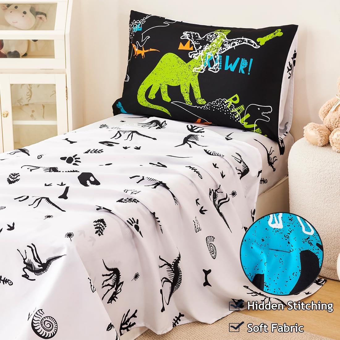 PERFEMET 4-Piece Boys Toddler Bedding Sets Cartoon Dinosaur Comforter Set for Girls Kids Soft Reversible Colorful Animal Bed Set for Toddler(Dinosaur, Toddler)