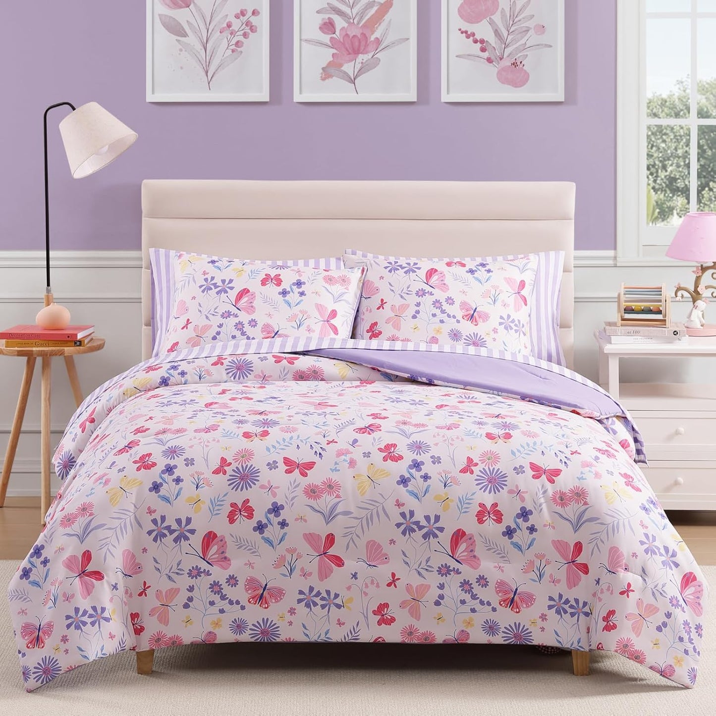Full Size Comforter Sets with Sheets for Girls-7 Pieces Full Size Bedding Sets with Pink Comforter, Sheets, Pillowcases & Shams for Kids (Cute Botanical Flowers, 76" X 86")