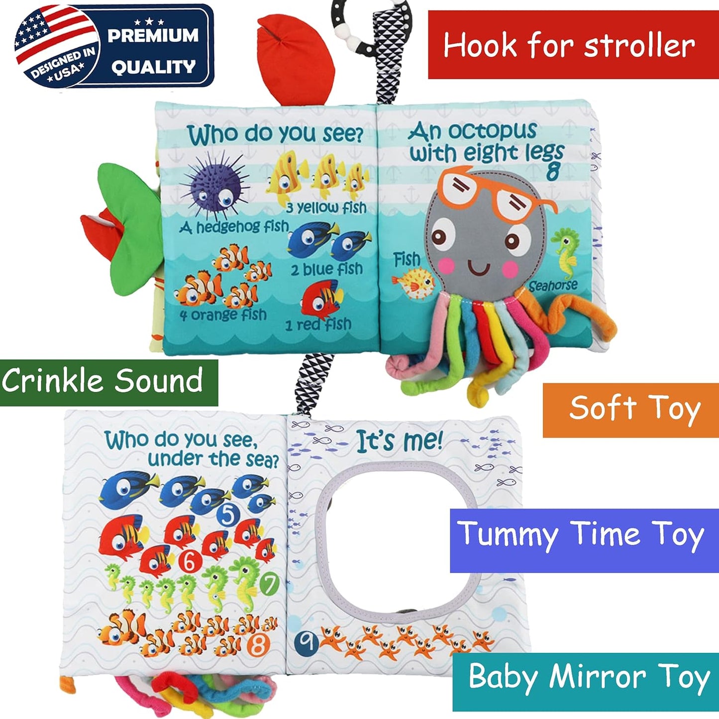 Fish Baby Book 0-6 Months,Touch Feel Cloth Crinkle Books for Babies,Infant Baby Toys 6-12 Months,Learning Education Soft Sensory Mirror Toy,Teether,Shower Gifts for Boys Girls-Gift Box