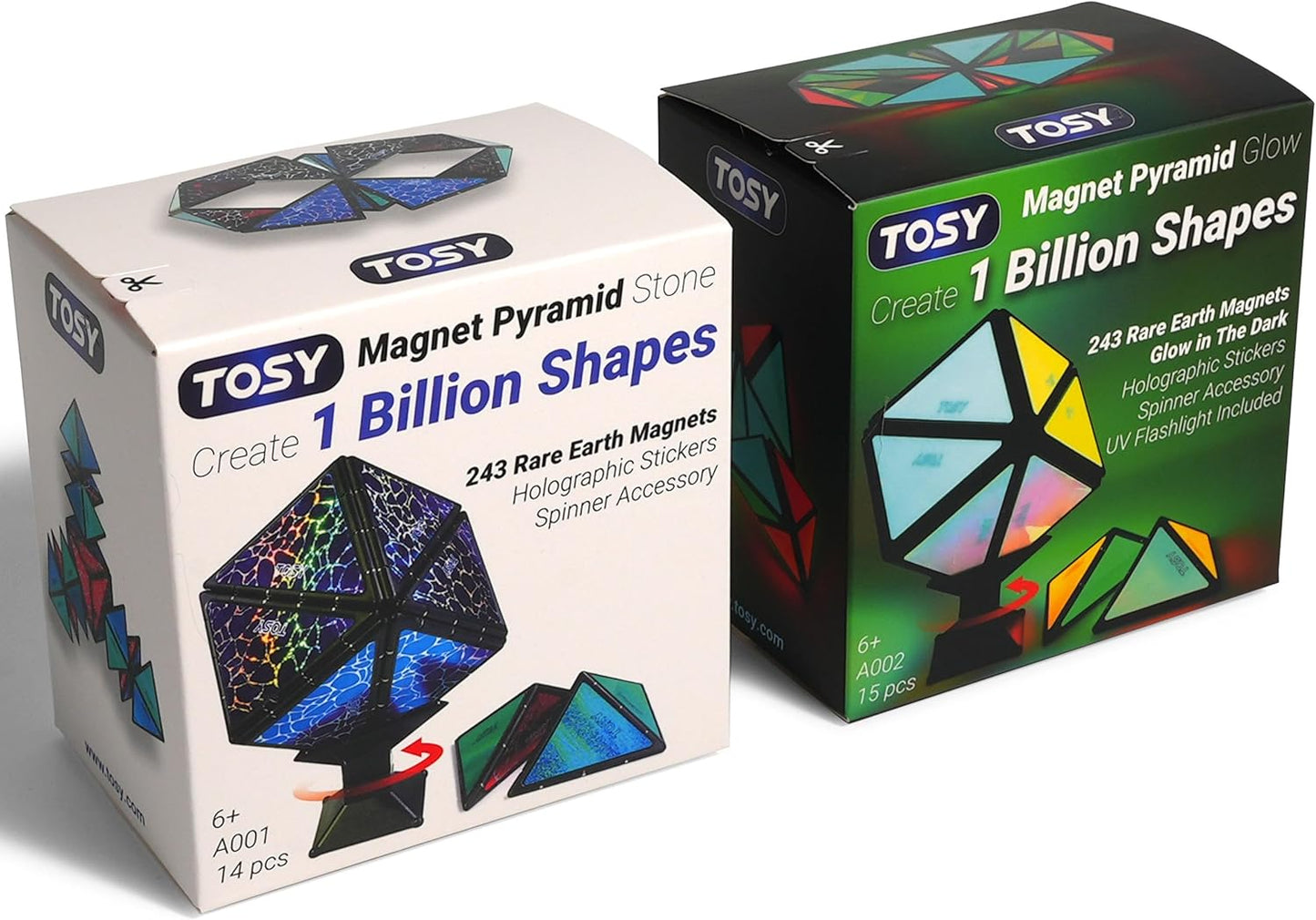 TOSY Magnet Pyramid - 1 Cube Transforms into 1 Billion Shapes, 12 Pieces, 243 Rare Earth Magnets, Glowing, Holographic Magnet Tiles Creative Puzzle STEM/STEAM Toy, Mixed Set