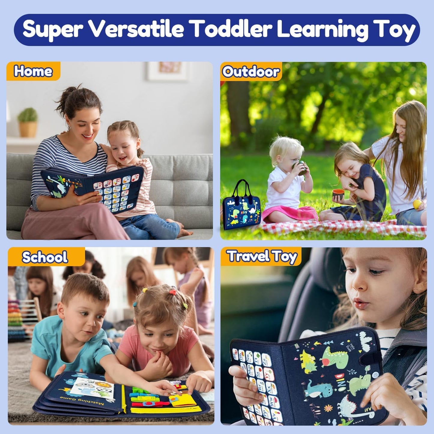 Qizfun Busy Board Book Montessori Toys for 1 2 3 4 Year Old, Boy Birthday Gifts, Educational Sensory Learning Toys for Toddlers 1-3, Car Airplane Travel Activities for Kids Ages 2-4 Year Old