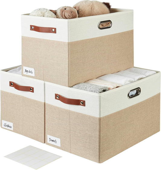 Large Collapsible Fabric Storage Bins with 3 Handles, Foldable Organizer Baskets for Closet, Shelves, Living Room | 3 Pack, Durable PU & Metal Handles (17"x11.8"x11.8", Beige & White)
