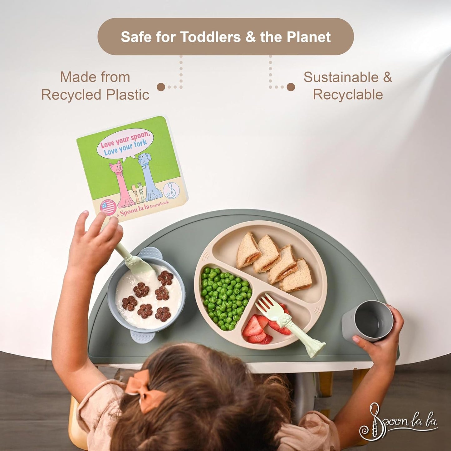 Made in USA Spoon la la Toddler Utensils Set (2 Pack) & Board Book - Spoon & Fork for Kids, Self-Standing 3D Ergonomic Cat & Dog Handles, BPA-free, Dishwasher Safe Baby Silverware (Mint Green)