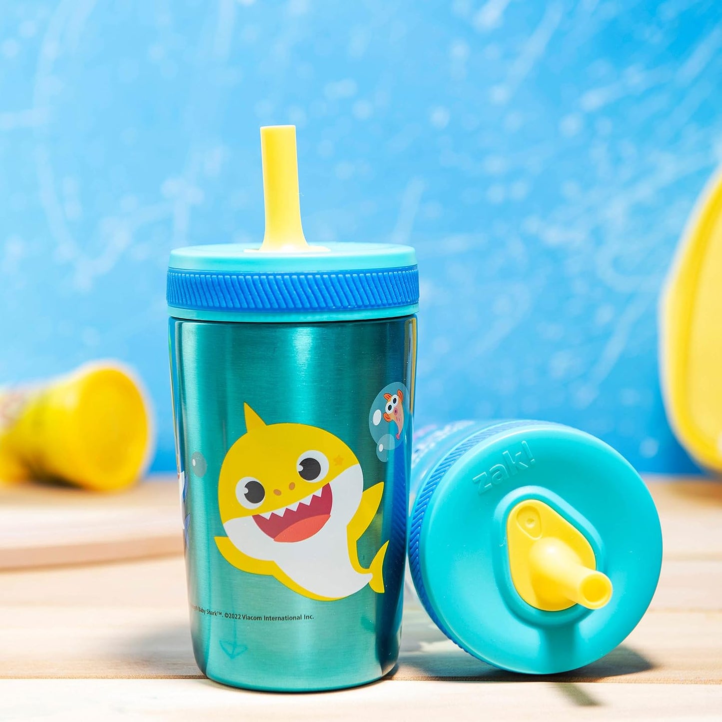 Zak Designs Baby Shark Kelso Tumbler Set, Leak-Proof Screw-On Lid with Straw, Bundle for Kids Includes Plastic and Stainless Steel Cups with Bonus Sipper (3pc Set, Non-BPA)15 fl oz.