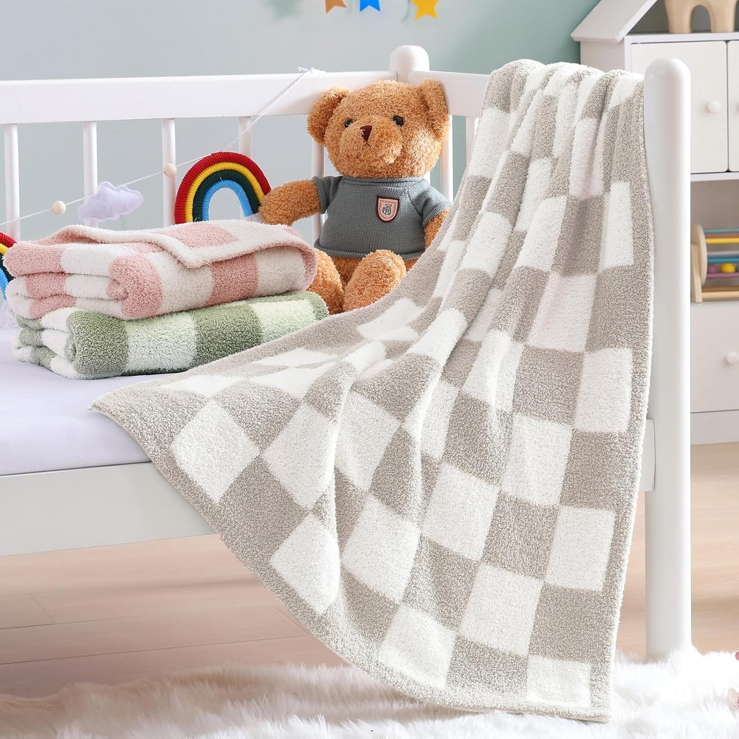 WRENSONGE Checkered Throw Blanket, Taupe Soft Cozy Fluffy Warm Hand Made Throw Blankets for Couch, Sofa, Chair, Bed, Camping, Picnic, Travel Lightweight Bed Blanket - 30"*40"