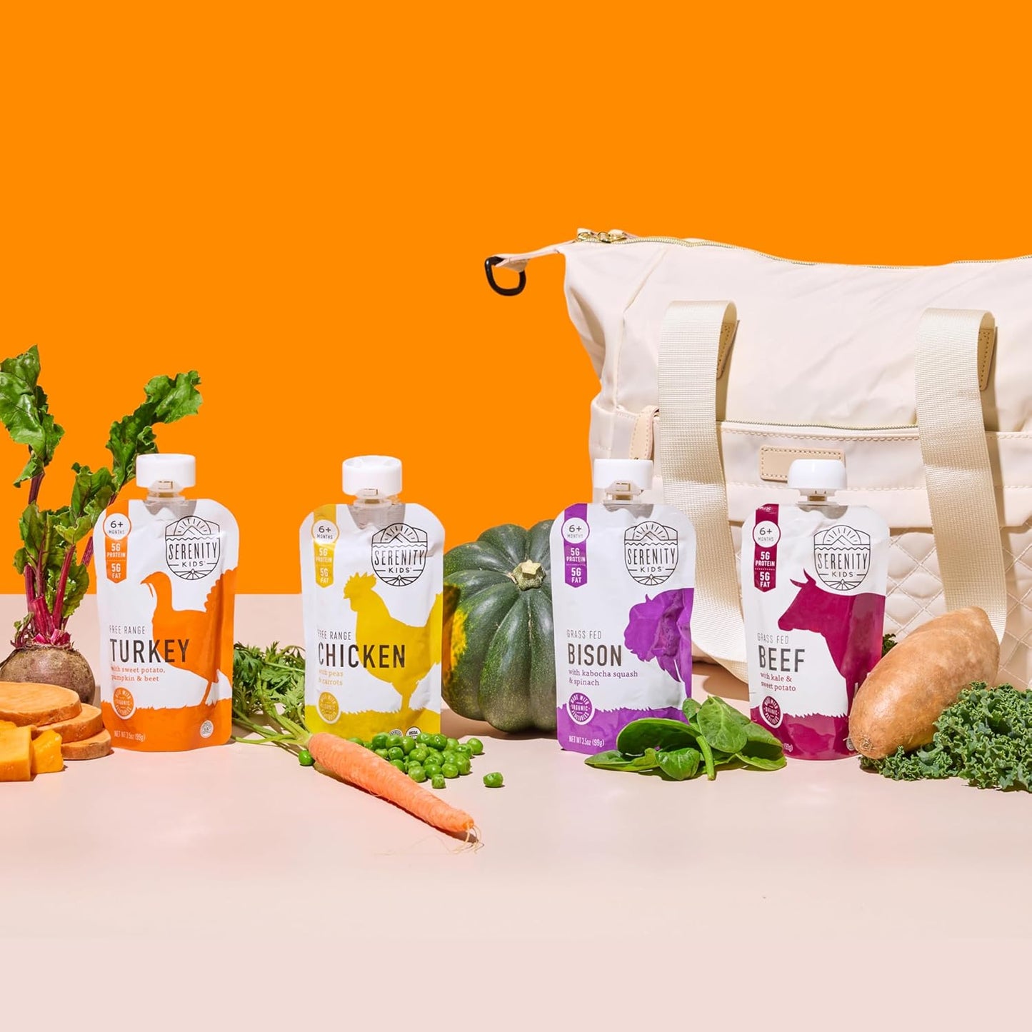 Serenity Kids 6+ Months Baby Food Pouches - Ethically Sourced Meat & Organic Veggies - High Protein Savory Baby Puree Pouches for Baby Snacks - 3.5 Oz, 8 Pack