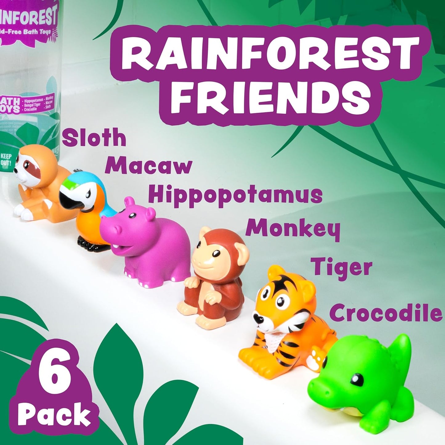 Tub Works® Rainforest™ Mold Free Bath Toys, 6 Pack | Sealed, No Hole Bath Toys Design Keeps Moisture Out | Soft, Squeezable & Float on Water | Easy-Grip Baby & Toddler Bath Toy | Great Baby Pool Toys