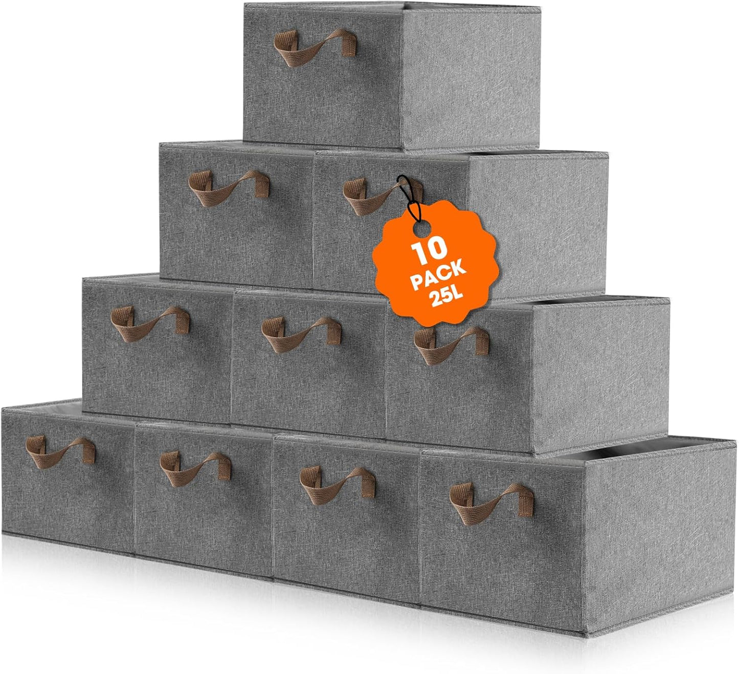 10 Pack Large Capacity Storage Bins, 25L Fabric Closet Organizer With Handles, Collapsible Baskets for Shelves, Clothing, Sheets, Books, Toys (Gray)