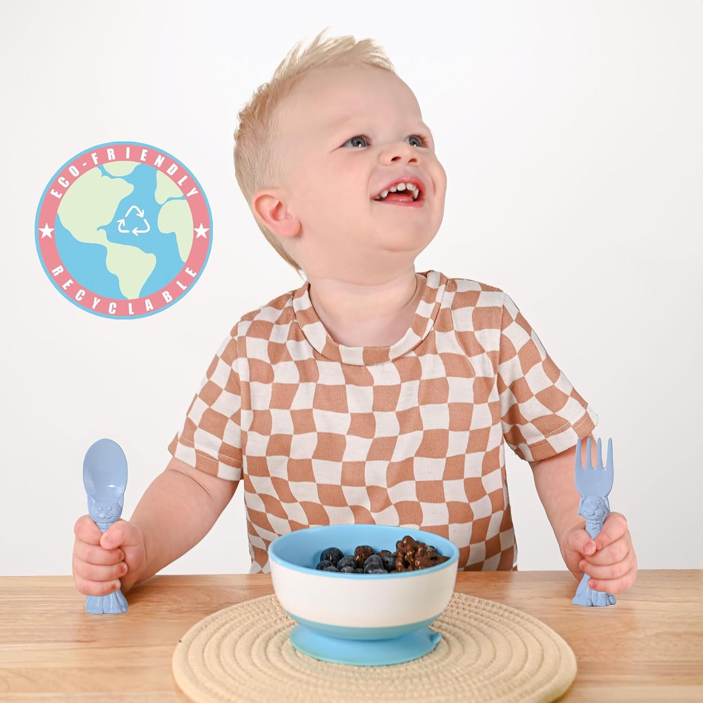 Made in USA Spoon la la Toddler Utensils Set - 2 Pack (1 Spoon & 1 Fork for Kids) - Self-Standing 3D Ergonomic Cat & Dog Handles - BPA-free, Dishwasher Safe, Baby Silverware (Blue)