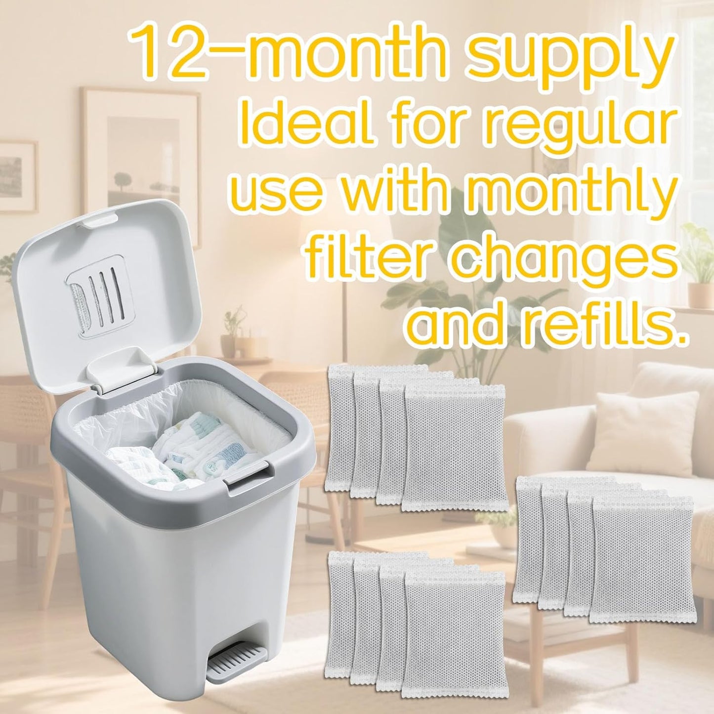 12pcs Carbon Filter Refills for Playtex, Activated Charcoal Odor Absorbing Deodorizer for Diaper Pail Systems Trash Cans Closets & Shoe Cabinets