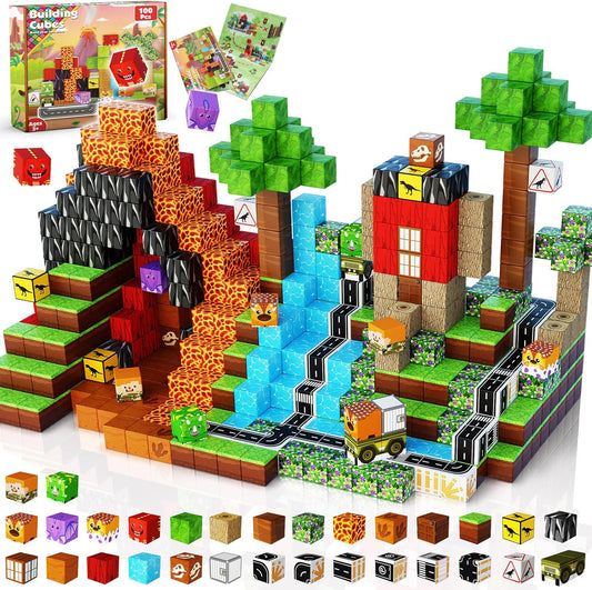 Goody King Dinosaur Volcano Magnetic Block World |100PCS Dinosaur Magnetic Block Cubes,STEM Montessori Sensory Toys for Toddlers Kids Boys Girls Ages 3-5 6-8 Christmas Birthday Gifts