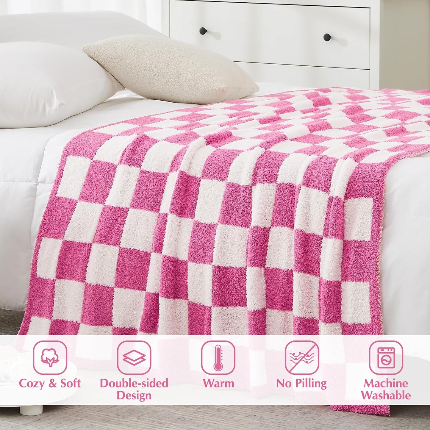 WRENSONGE Checkered Throw Blanket, Hot Pink Soft Cozy Fluffy Warm Hand Made Throw Blankets for Couch, Sofa, Chair, Bed, Camping, Picnic, Travel Lightweight Bed Blanket - 50"*70"