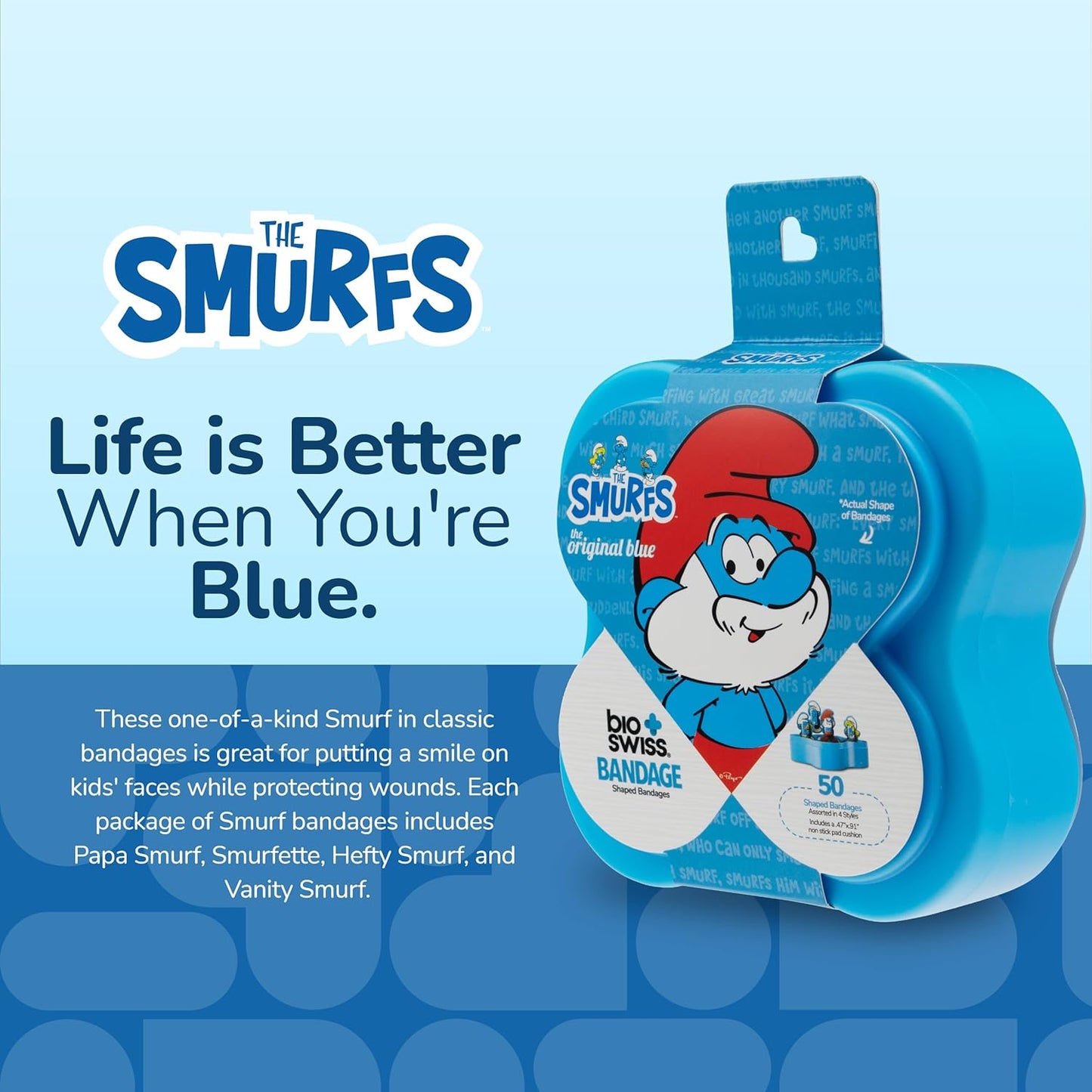 BioSwiss Bandages, The Smurfs Classic Shaped Self Adhesive Bandage, Latex Free Sterile Wound Care, Fun First Aid Kit Supplies for Kids and Adults, 50 Count Plastic Case