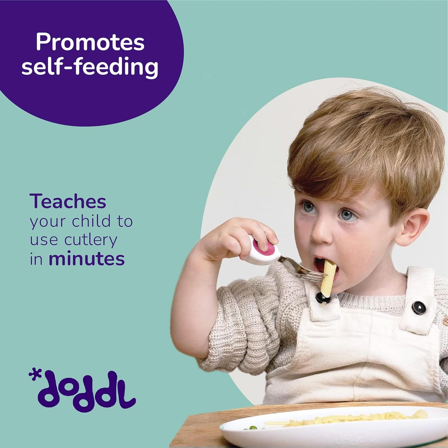 doddl Toddler Utensils, Ergonomic Fork Spoon and Knife Set for Self Feeding, Stainless Steel Silverware for 1-3 Year Olds, BPA Free, Dishwasher Safe (Magenta)