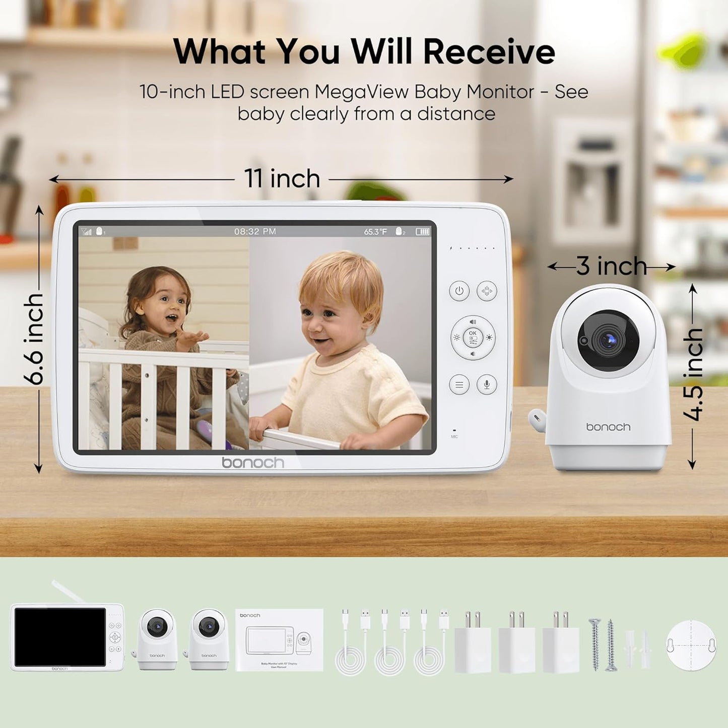bonoch MegaView Baby Monitor, 10" Video Monitor with 2 Cameras, 10000mAh Battery, Quad Split Screen Baby Monitor with Camera and Audio, VOX Mode, Auto Night Vision, Remote PTZ, Hack Proof