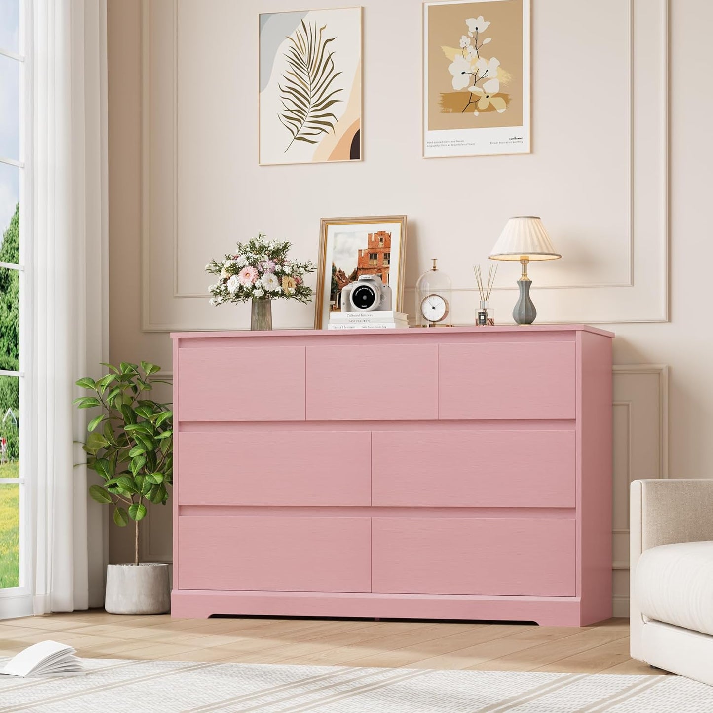 Dresser for Bedroom, Modern Pink Dresser, Wood Chest of Drawers Nursery Dressers, with Storage, 7 Drawer Double with Handle Free, Large Storage Organizer for Living Room,Pink
