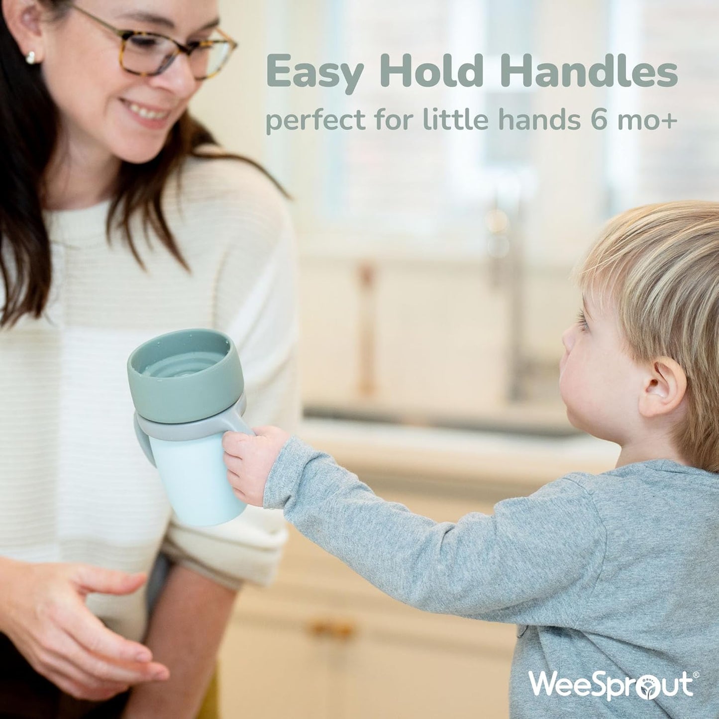 WeeSprout Baby Training Cup - Silicone Sippy Cup with Removable Handles for Weaning Off Bottle - Transition Spill-Proof Toddler Cups - No-Spill Design (Sky/Matte Green/Light Gray)