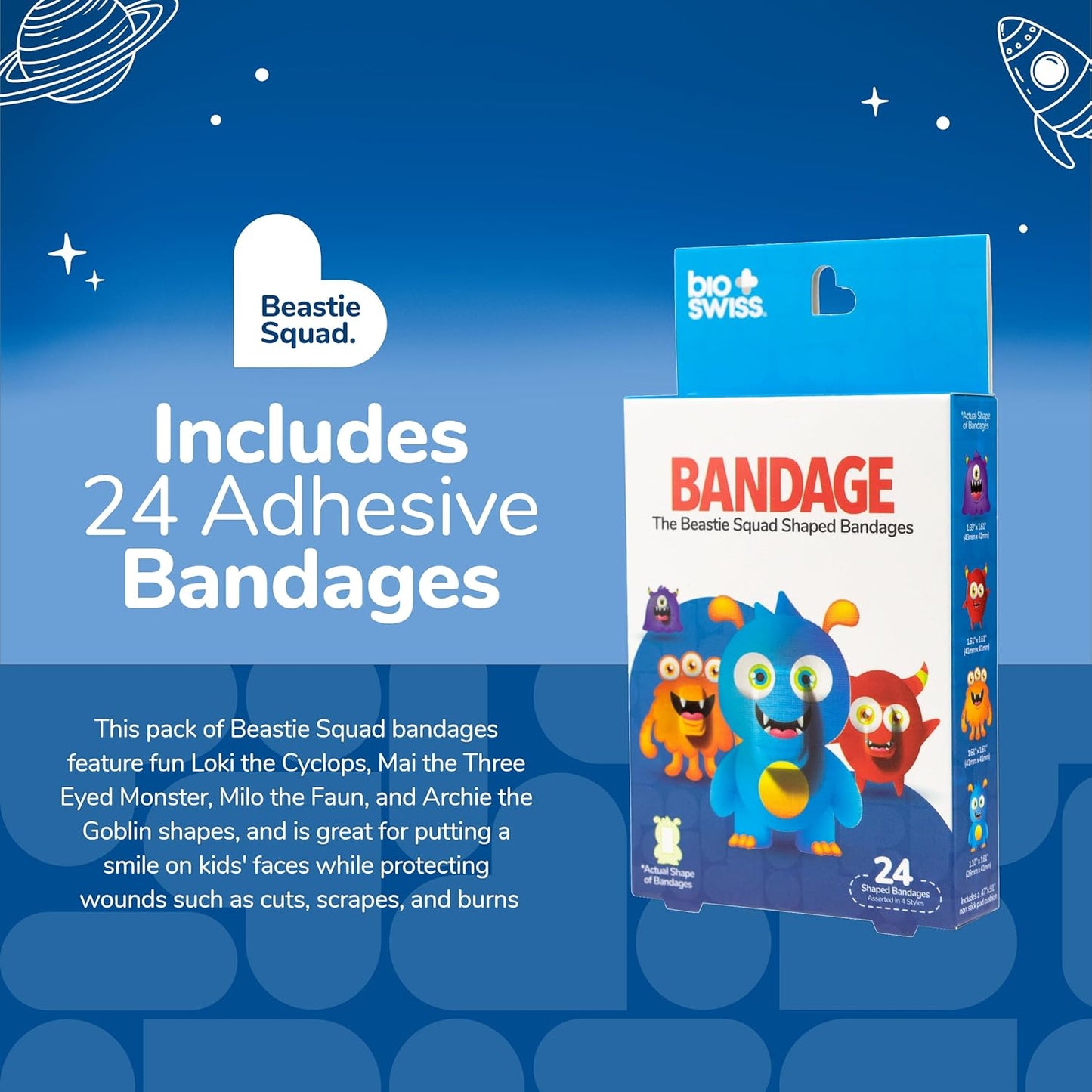 Bioswiss Bandages, Beastie Squad Shaped Self Adhesive Bandage, Latex Free Sterile Wound Care, Fun First Aid Kit Supplies for Kids and Adults, 24 Count