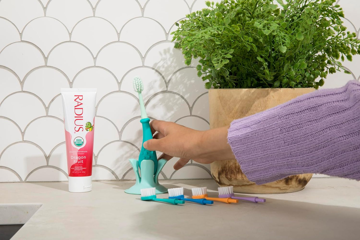 RADIUS Toddler Toothbrush and Toothpaste Bundle for Kids, 2 Pack Totz Extra Soft Brush in Pink and Purple Sparkle and 1 Count Dragon Fruit Toothpaste, for Children 18 Months and Up