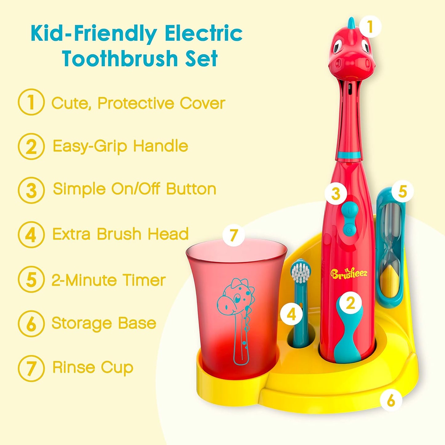 Brusheez Kids’ Electric Toothbrush Set - Safe & Effective for Ages 3+ - Parent Tested & Approved with Gentle Bristles, 2 Brush Heads, Rinse Cup, 2-Minute Timer, & Storage Base (Pepper The Dino)