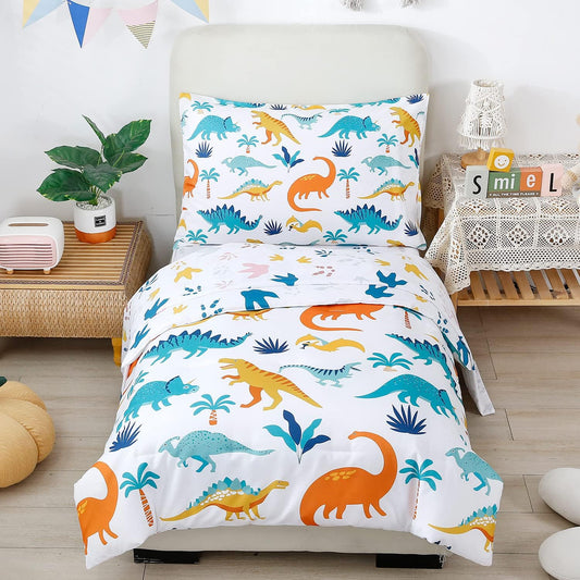 PERFEMET 4 Pieces Toddler Bedding Set Cartoon Dinosaur Print Comforter Sheet Set for Boys Microfiber Soft Toddler Comforter Set Includes Comforter, Flat Sheet, Fitted Sheet and Pillowcase, Colorful