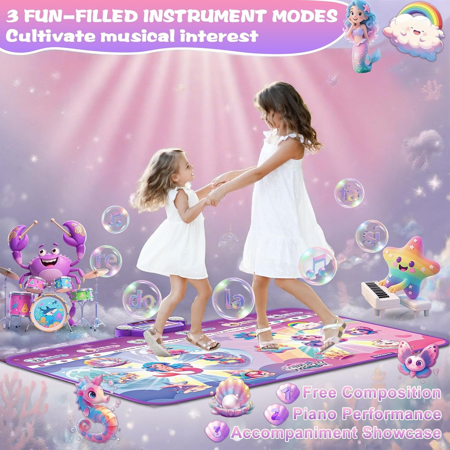 New Mermaid&Unicorn Dance Pad with 2-Players for Kids, Light-up Dancing Mat with Wireless Bluetooth, Birthday for 3 4 5 6 7 8 Year Old Girls Toddlers