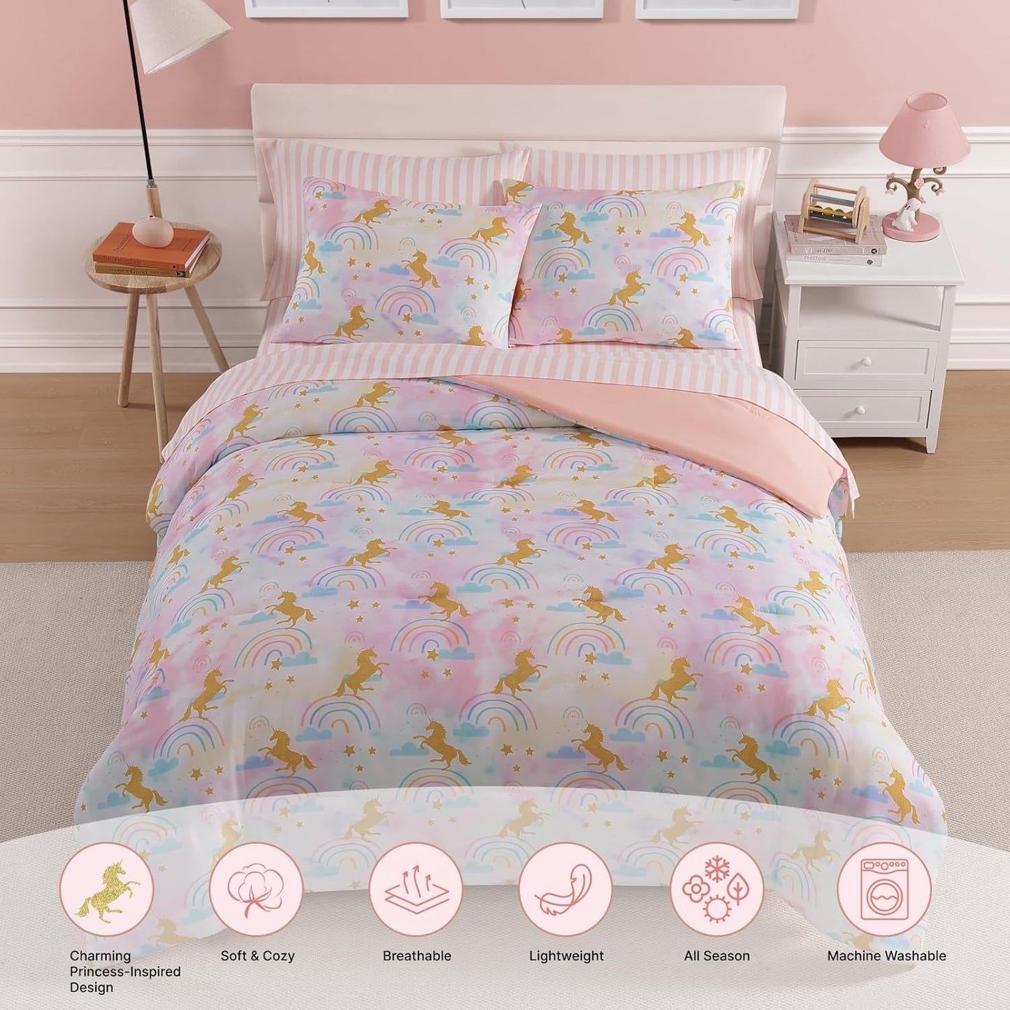 Twin Comforter Set with Sheets for Girls-5 Pieces Twin Bedding Sets with Pink Comforter, Sheets, Pillowcase & Sham for Kids (Gold Unicorn, 66" X 86")