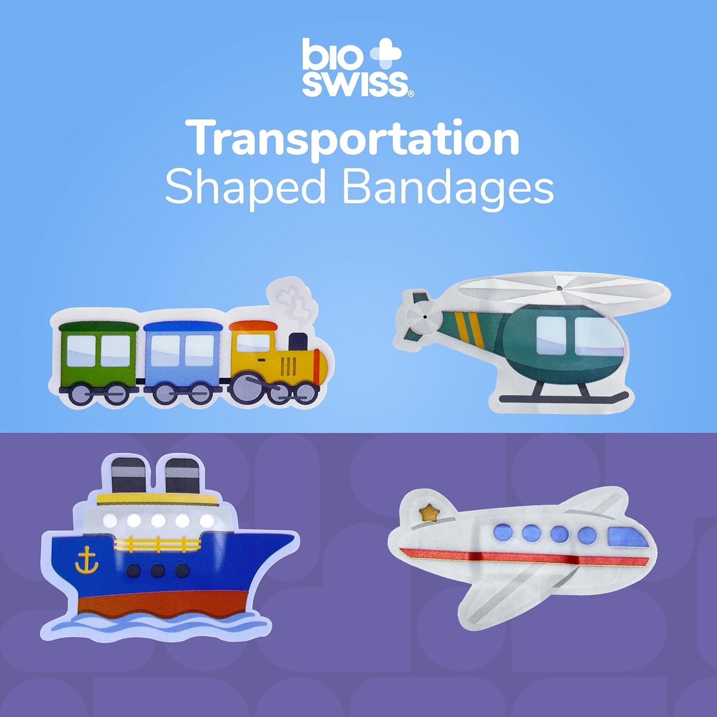 BioSwiss Bandages, Transportation Shaped Self Adhesive Bandage, Latex Free Sterile Wound Care, Fun First Aid Kit Supplies for Kids, 50 Count